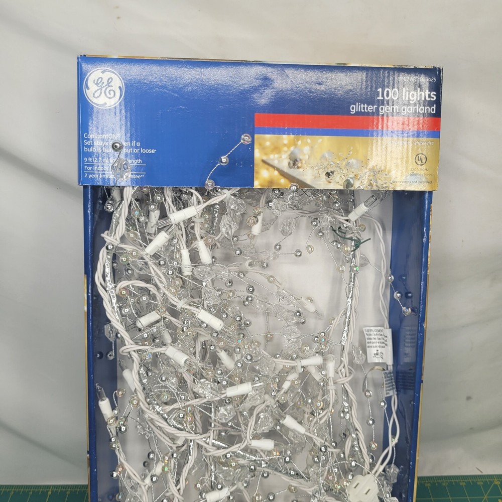 GE ConstantON 100 Clear Lights Glitter Gem Garland 9 FT Open Box