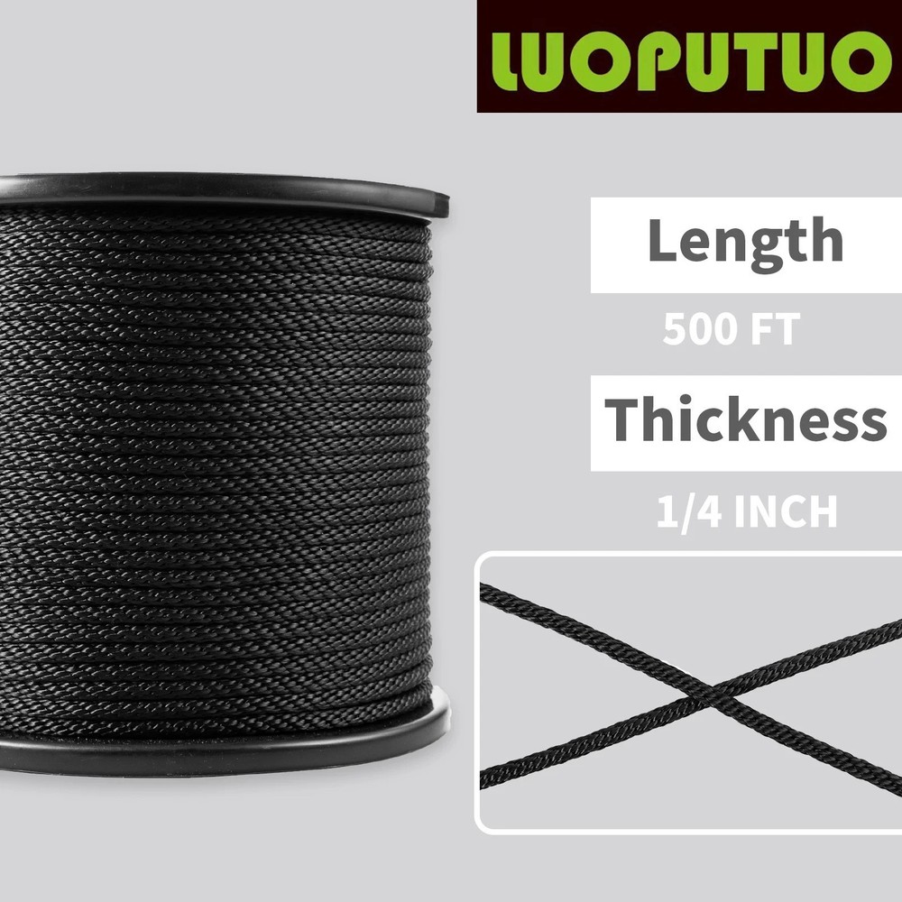 1/4 500ft Black Polyester Solid Braid Rope Outdoors