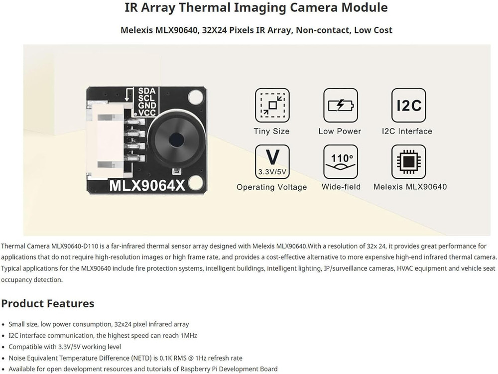 MLX90640 Thermal Camera Module - 110° IR Sensor for Raspberry Pi Projects