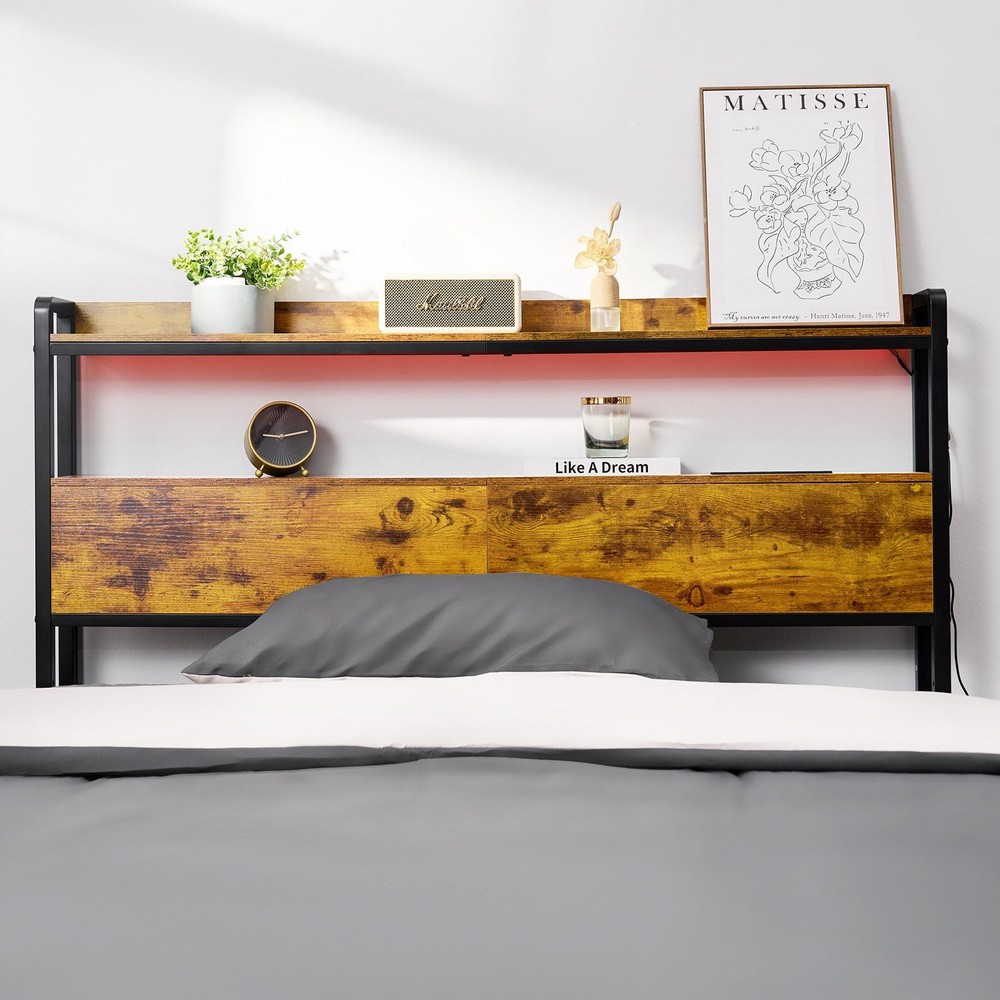 Adjustable Full Size Headboard w/Storage Shelves, USB Charging & LED Light