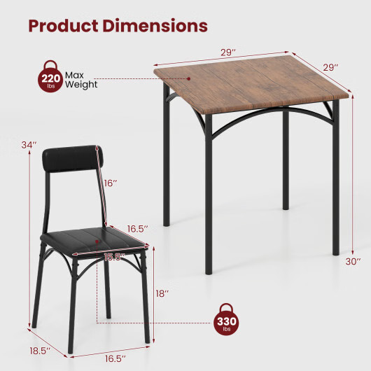 3-Piece Dining Table Set Square Kitchen Table and 2 Chairs for Dining Room-Rusti