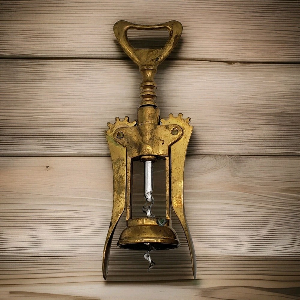 Vtg Solid Brass Corkscrew Bottle Opener Italy