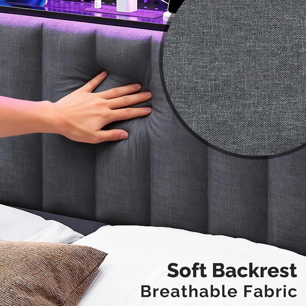 Queen Size Upholstered Headboard with Storage LED Charging Station Dark Grey