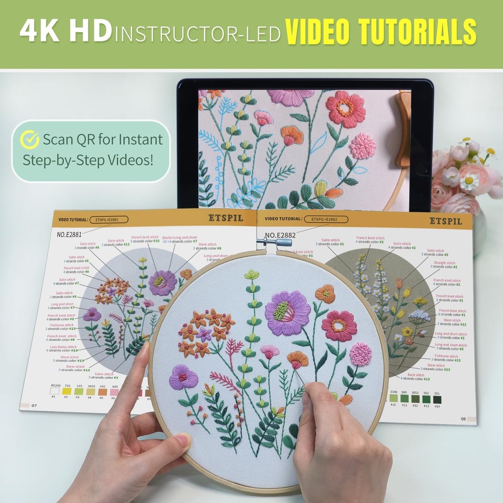 ETSPIL Beginner Embroidery Kits for Adults, 3-Pack medium, flower A3