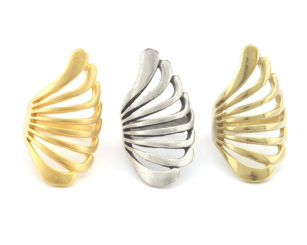 Feather wing Ring Statement Adjustable Raw Brass-Antique silver-Gold plated 3211