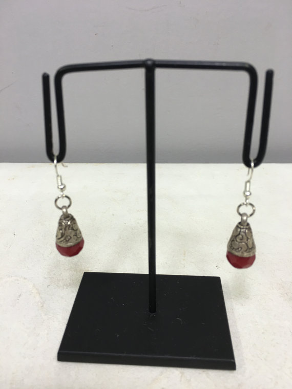 Tibetan Red Coral Dangle Etched Silver Teardrop Earrings E128