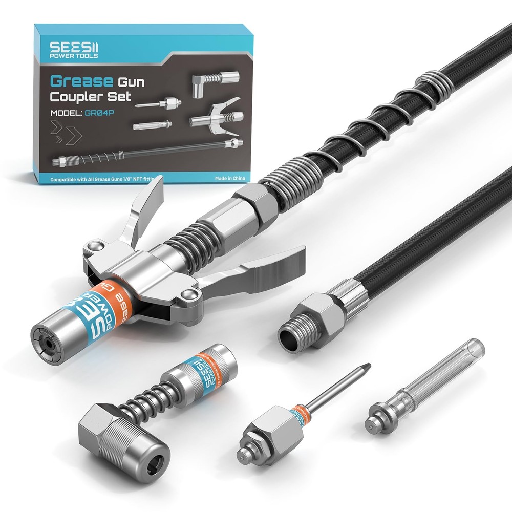 Seesii Grease Gun Accessory Kit, Standard Kit (with Needle Tips), silver