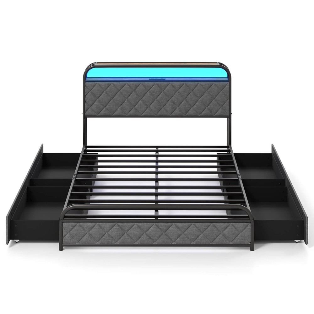 Full Size Bed Frame with LED Lights & Charging Station Storage Headboard