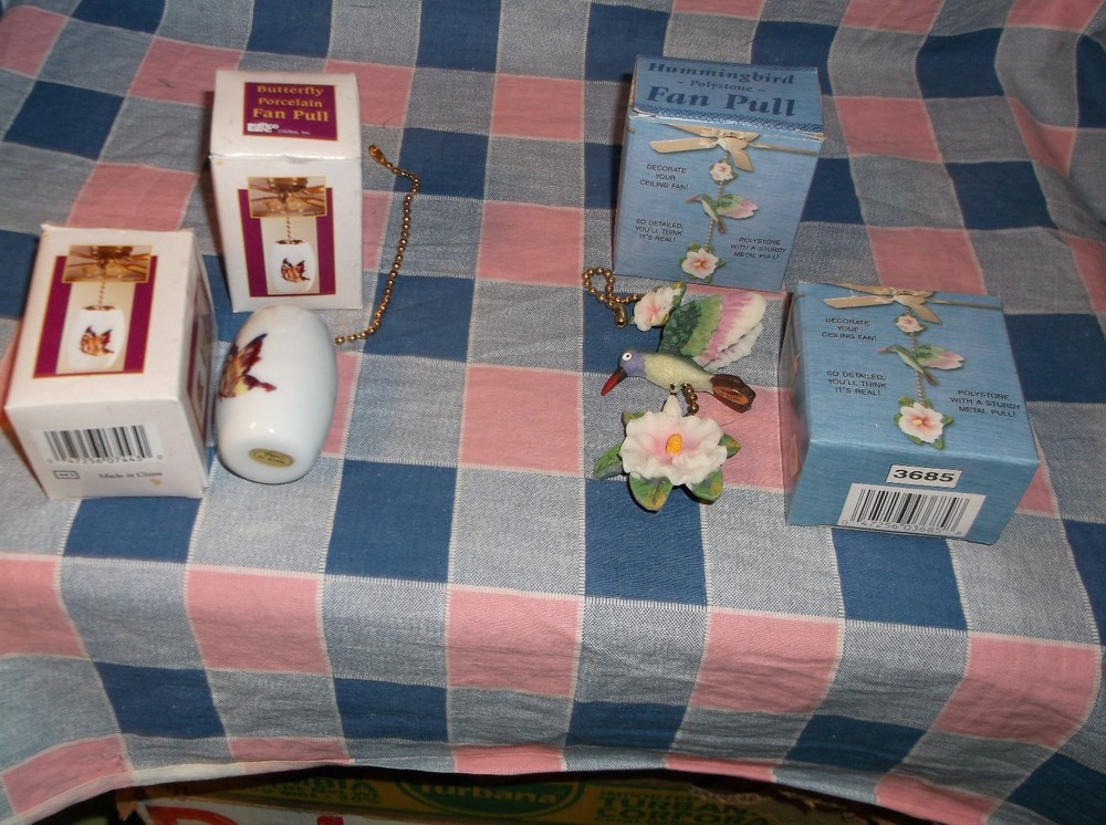 NIB Two Fan or Light Pulls  Pocelain Butterfly  Polystone Hummingbird