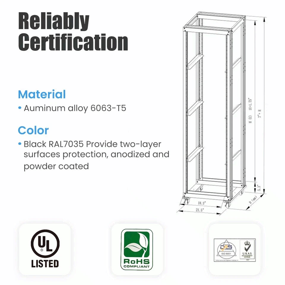 15U 4 Post Open Frame 19" Server Steel Rack 24" Deep With Supporting rails