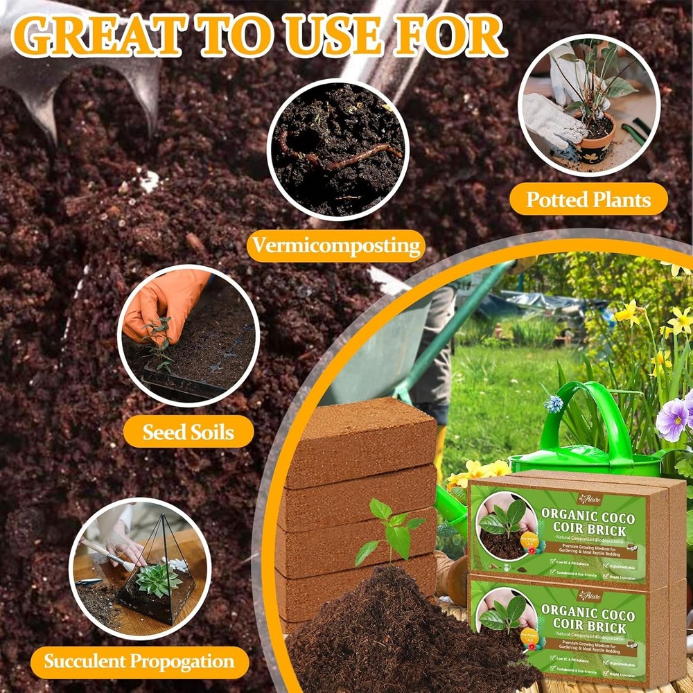 Riare 2pcs Organic Coco Coir Bricks Soil Blocks- 100% Natural Compressed Coco Pe
