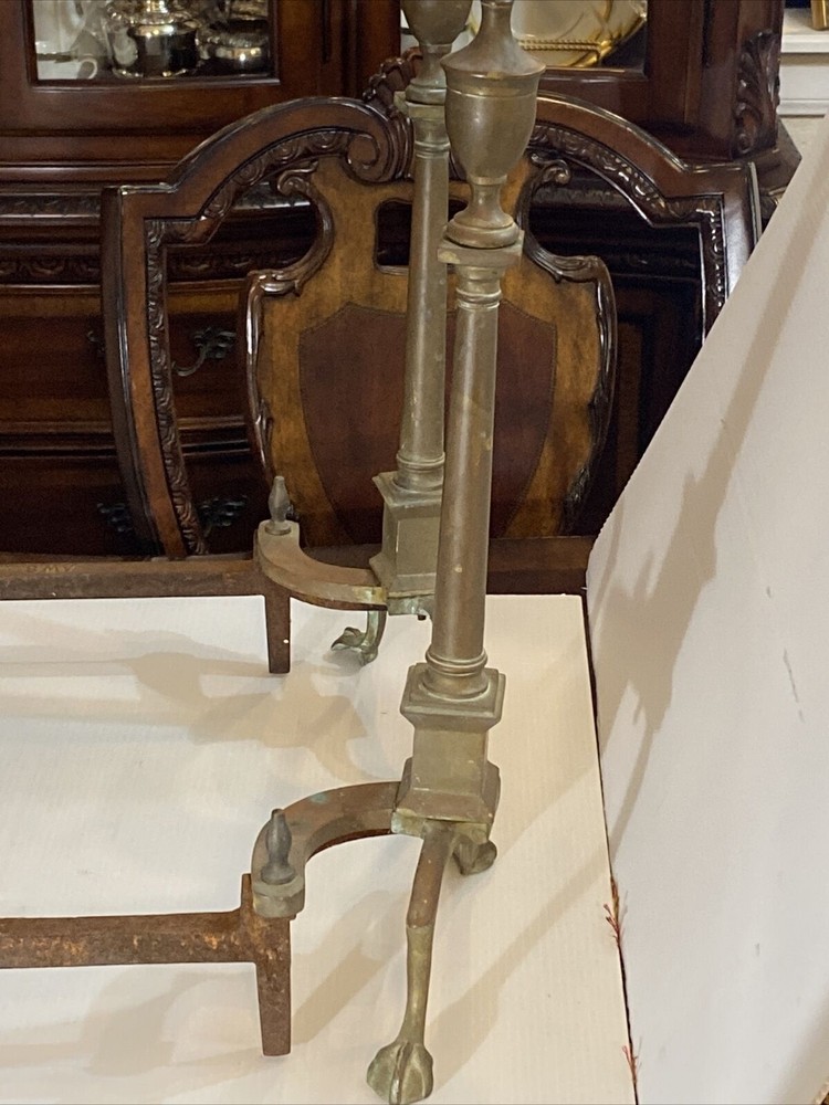 Federal Style Andirons For Fireplace Solid Brass & Cast Iron 25” H
