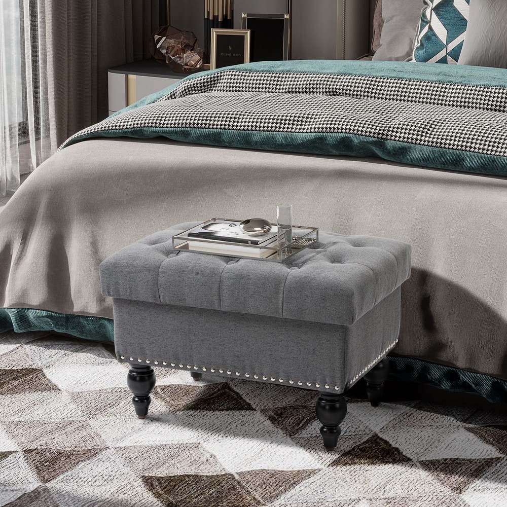 25" Storage Ottoman with Removable Lid, Button Tufted Fabric Footrest Bench