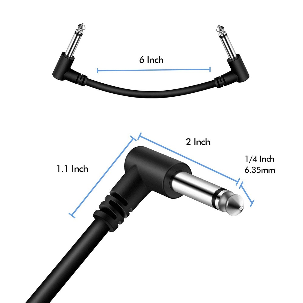 3 Pack 6 Inch Guitar Patch Cables, Black Right Angle Pedal Effect Cables