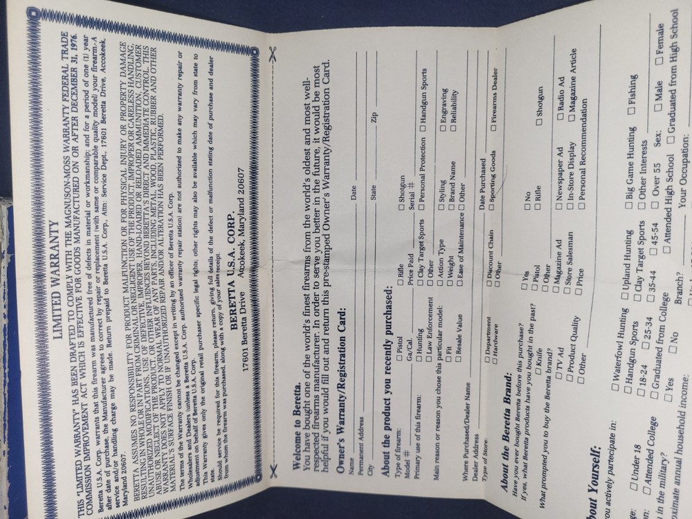 Beretta Model 21 Box And Paperwork.