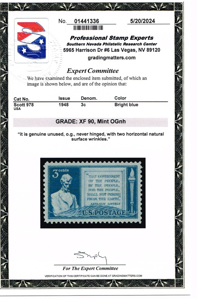 EXCEPTIONAL SCOTT #978 MINT PRISTINE ORIGINAL GUM NH  - PSE CERT GRADED XF-90