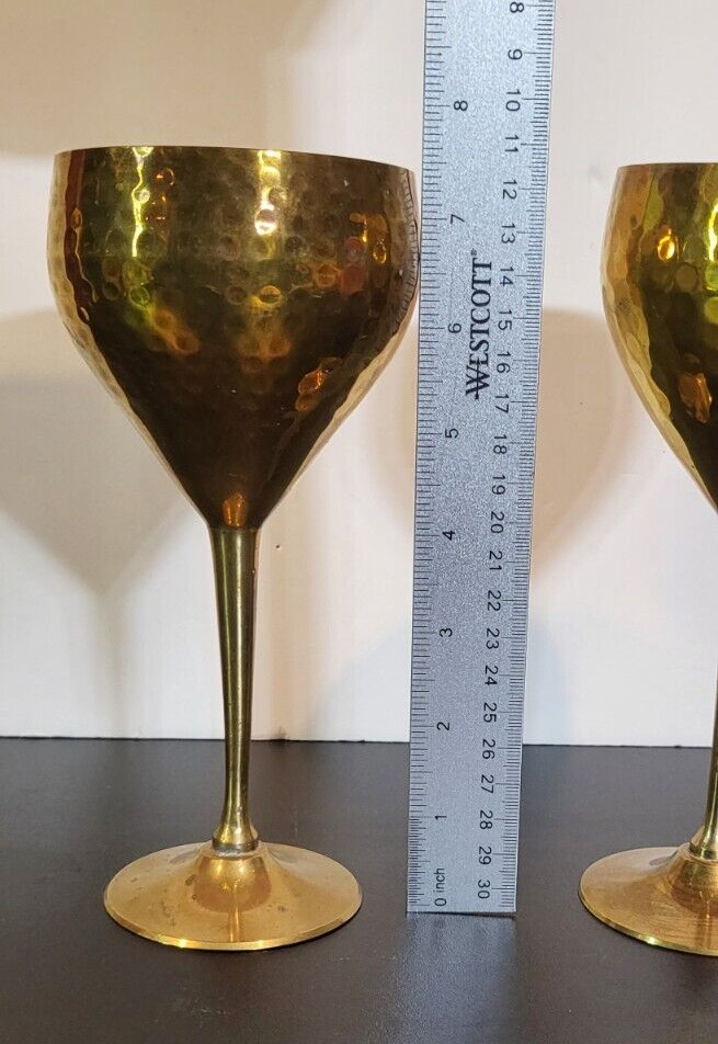Vintage Brass Wine Goblets, Hammered Finish, India