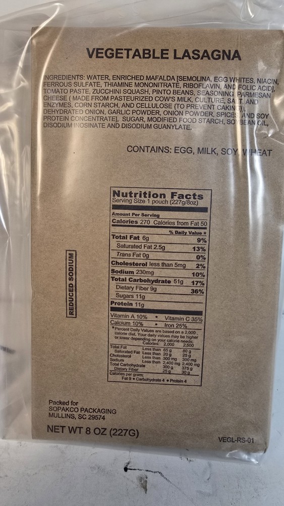 Mre Sopakco Vegetable Lasagna Date Coded 2248 8/16 Sealed
