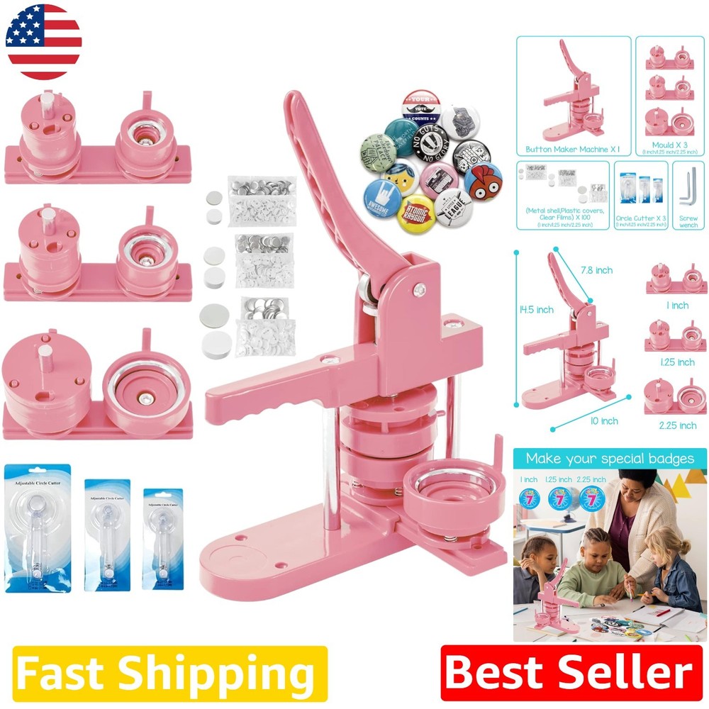 Pro Button Pin Maker Machine - 3 Mold Sizes, 300pc Kit, Labor-Saving
