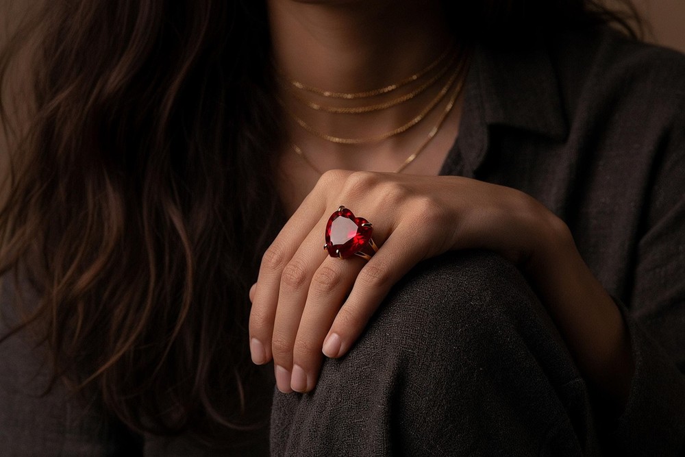Sterling Silver Ruby Ring Anemone Heart Shape Solitaire July Birthstone