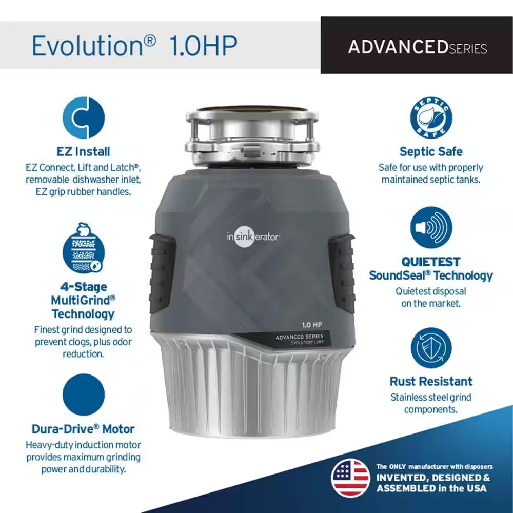 Evolution 1HP, 1 HP Garbage Disposal, Advanced Series EZ Connect Continuous Feed