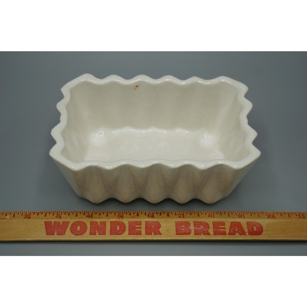 Vintage MCM White Ivory Ceramic Rectangular Ribbed Footed Planter Scallop Rim