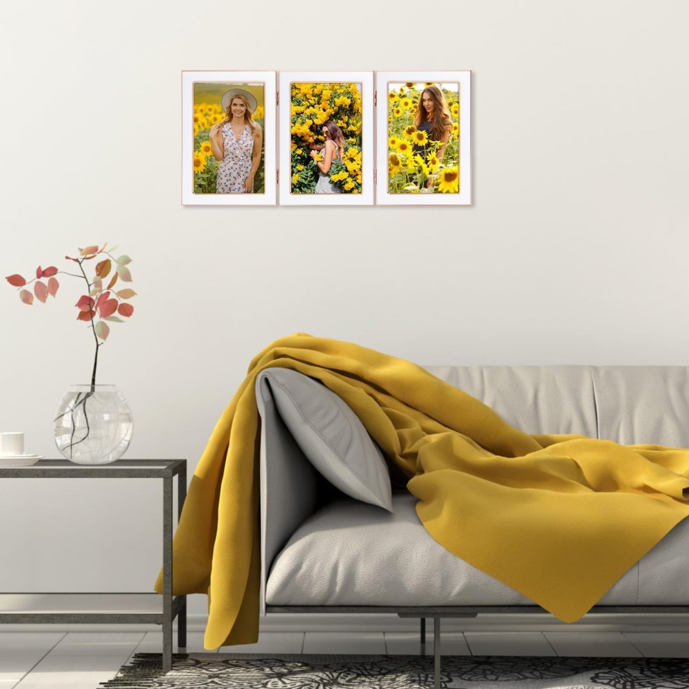 4x6 Trifold Picture Frame, Vertical White Hinged Frames Made to Display Three...