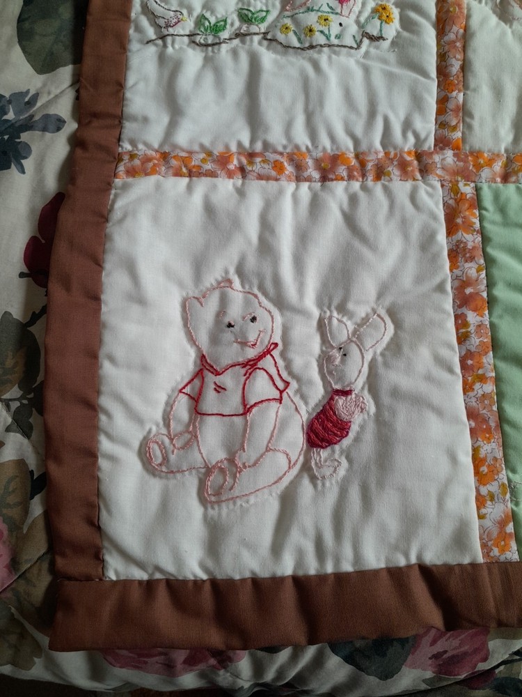 Vintage Handmade Embroidered Patchwork Crib Cot Pram Cover
