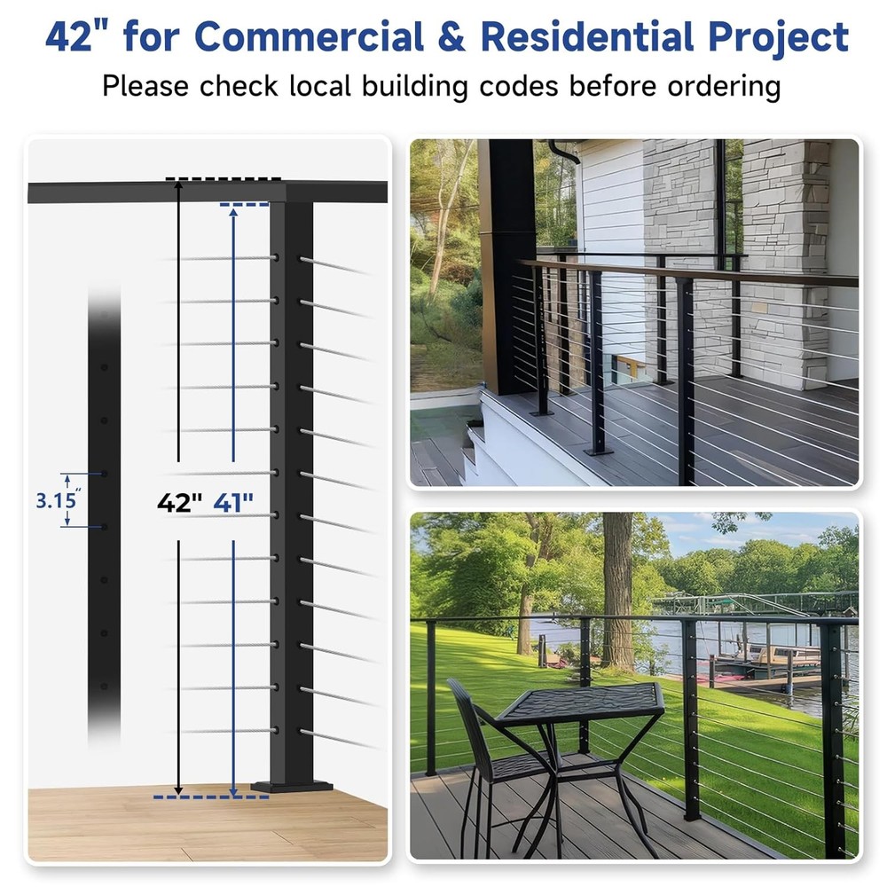 Corner Post Cable Railing 42" (Post 41"x2"x2"), 90° 42", 1 x