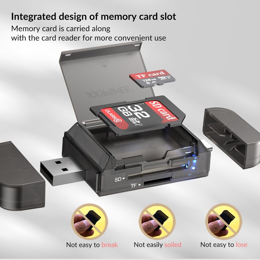 6-in-1 SD/TF Card Reader Adapter with SD Storage USB A & Type USB, black