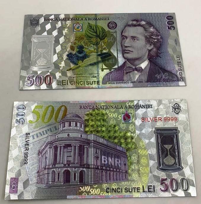 ROMANIA 500 LEI 2005 SILVER PLATED POLYMER BANKNOTE