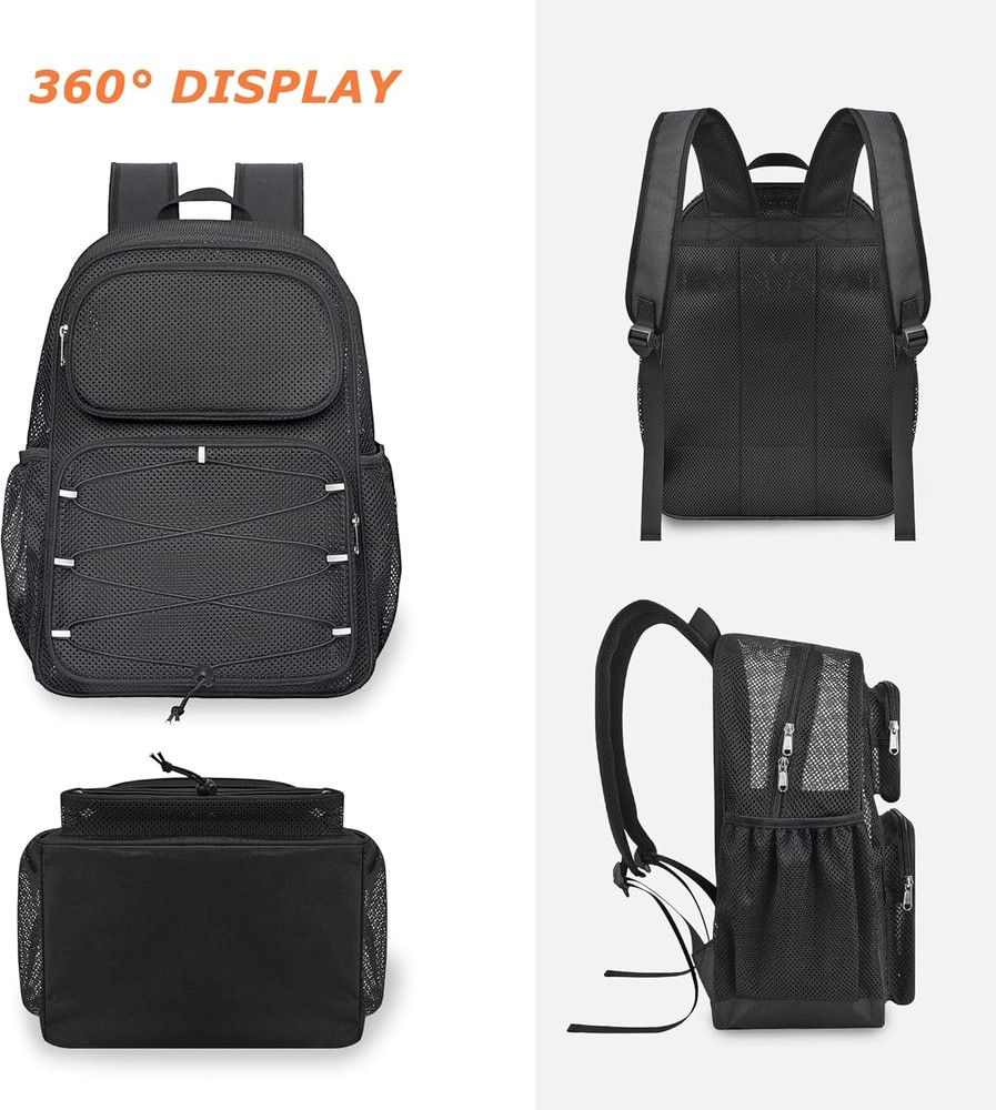 Mesh Backpack Heavy Duty See Through Bag with Paded Strap Large Black