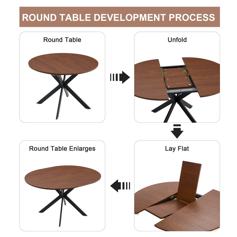 Extendable Round Dining Table - Space-Saving Dining Table with Sturdy Metal L