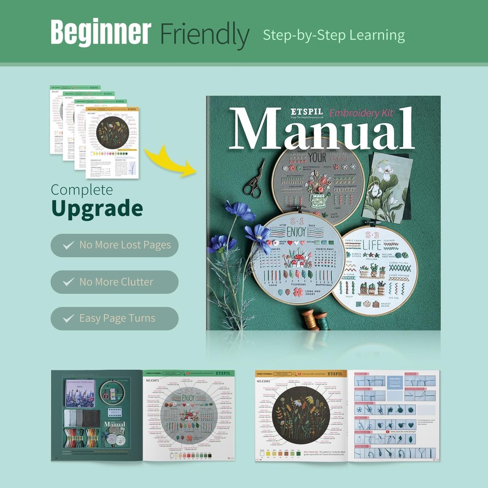 ETSPIL Embroidery Kit for Beginners, 4 Floral Patterns, medium, flower D4