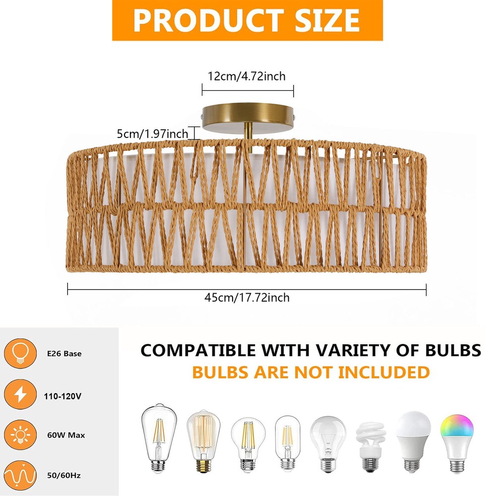 17.7" Semi Flush Mount Ceiling Light 3-Light Large Boho Flush Mount Ceiling Ligh