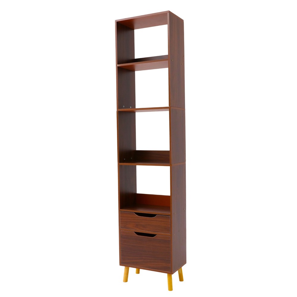 Walnut Standing Storage Shelf Freestanding Storage Rack Tall Open Bookshelf