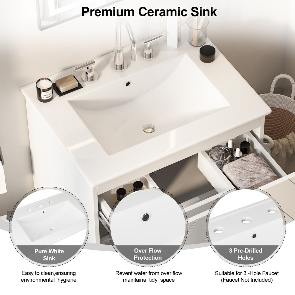 Floating Wall-Mounted Vanity Set with Ceramic Sink, Soft-Close Drawers White