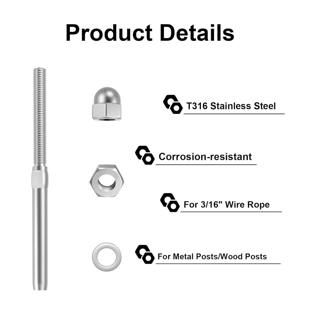 20 Pack 3/16" Cable Railing Swage Threaded Stud Tension End Fitsting Terminal