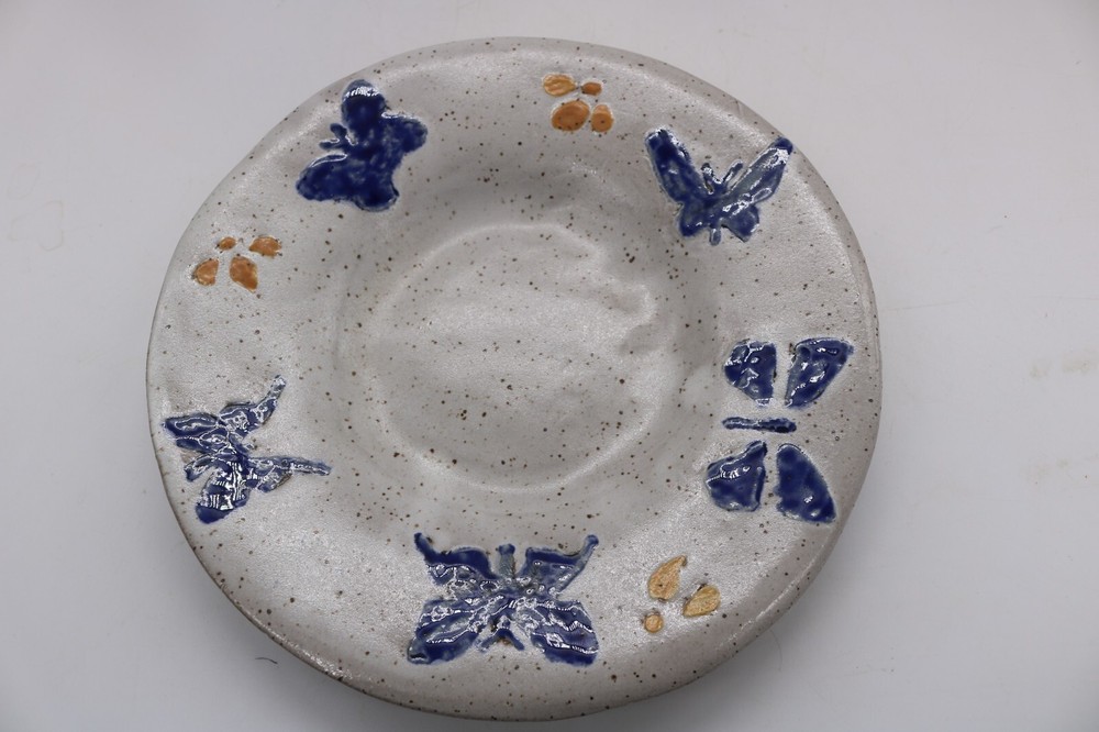 Pottery Dish with Butterflies-Signed EW-8.25"