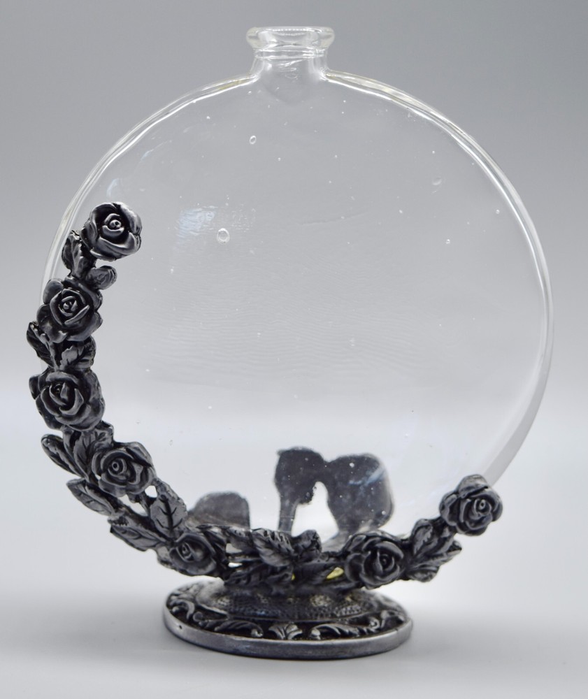 Large Round Glass Pewter Roses Bottle #7866