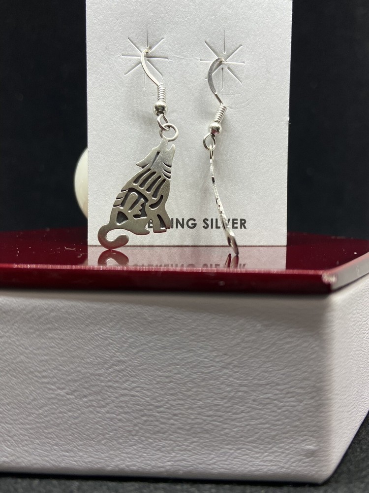 Handmade Native American Navajo plain sterling silver wolf dangle earrings
