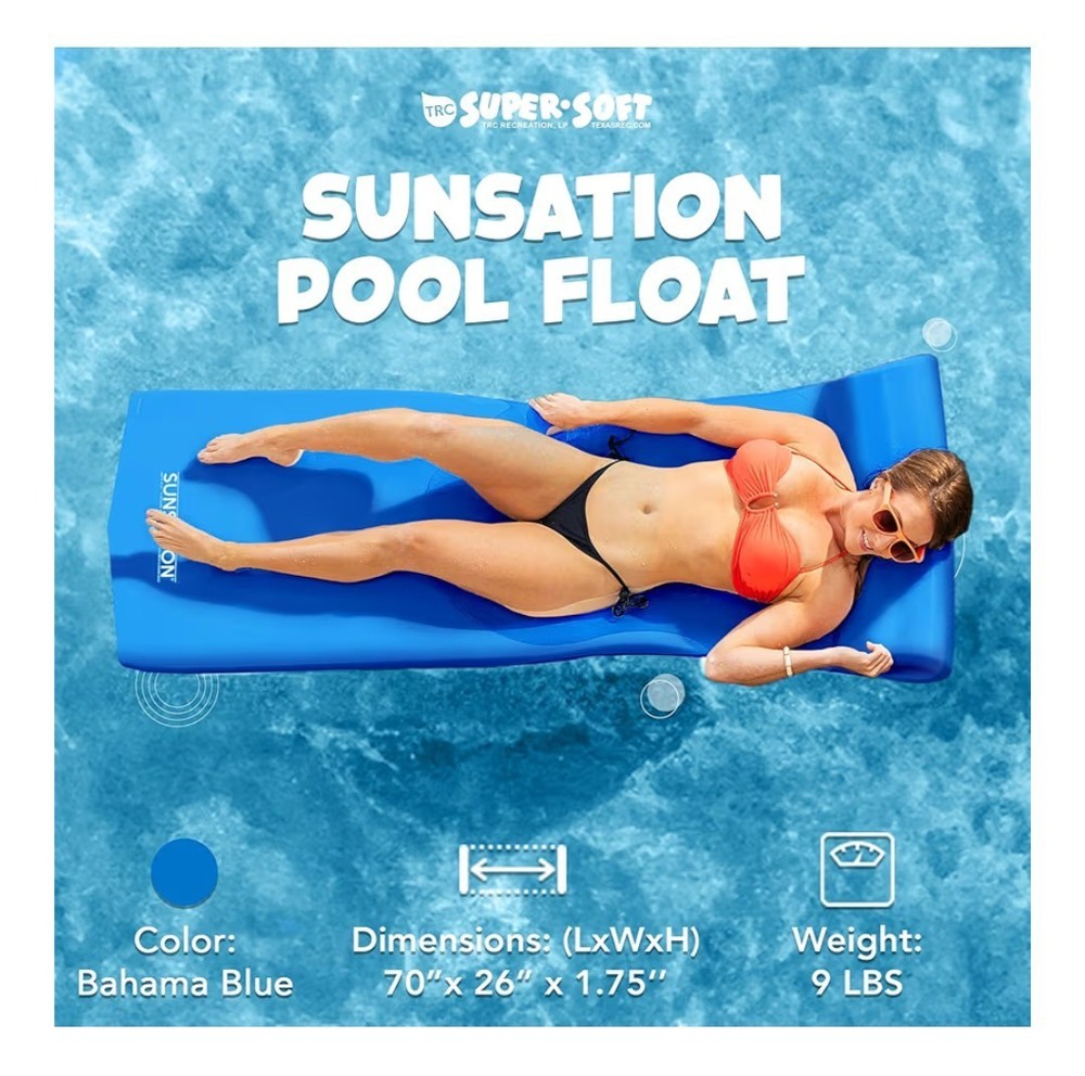 TRC Recreation Sunsation Vinyl Coated Foam Pool Float Mat Built-in Roll Pillow