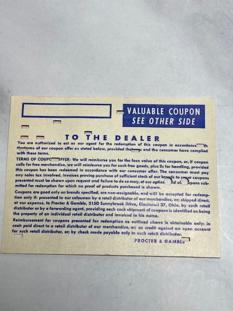 Procter & Gamble Grocery Store Coupons Key Punch Code Vintage 1960's