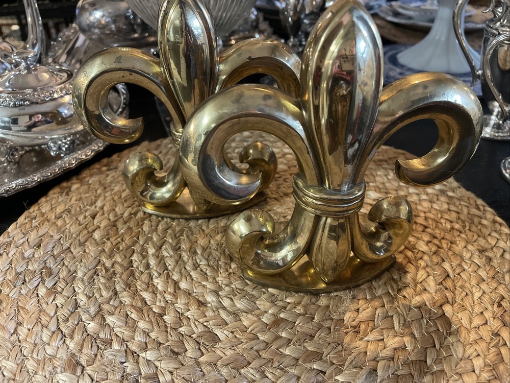 Vintage Brass Bookends Fleur De Lis Book Ends Solid Brass Hollywood Regency