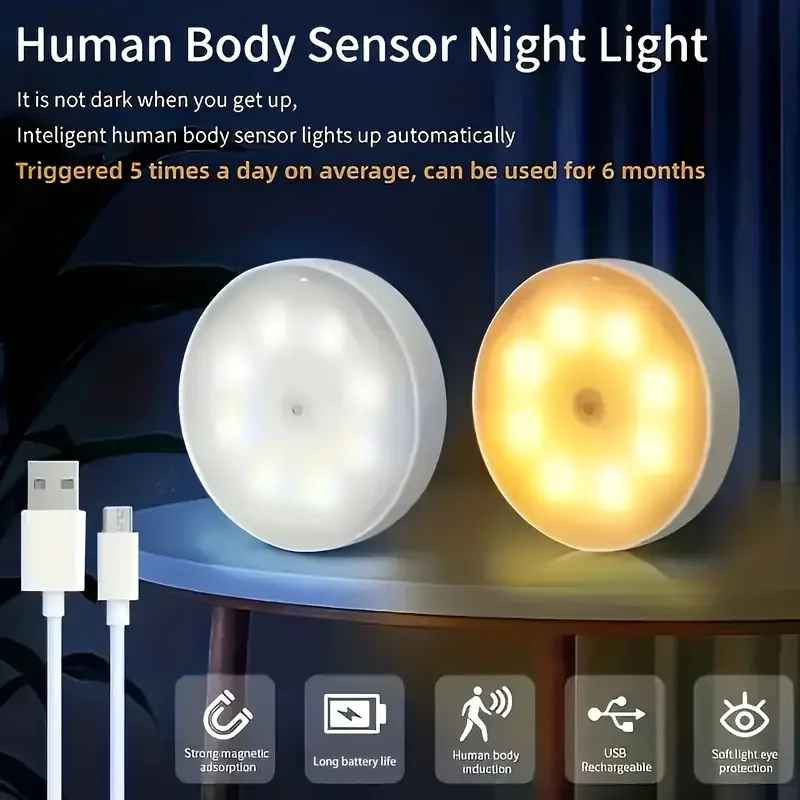 LED Motion Sensor Under Cabinet Closet Light USB Rechargeable Kitchen Lamp