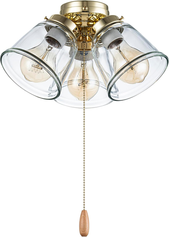 22015-1, Three-Light Ceiling Fan Light Kit with Pull Chain, Polished Brass Finis