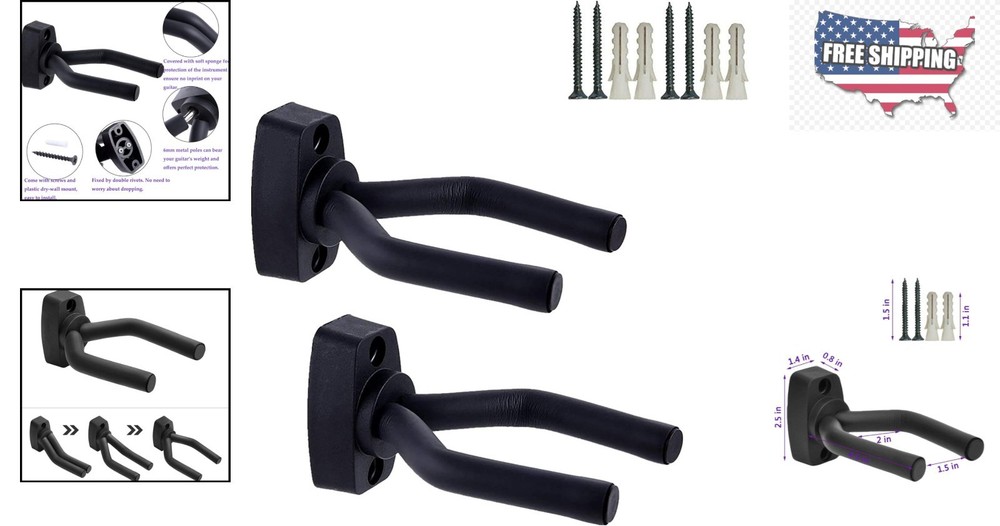 Guitar Wall Mount Hanger Set with Secure 60 lb Capacity, 2 Pack