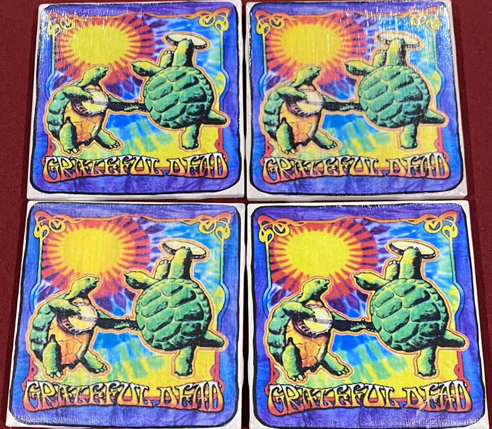 Set of 4 Grateful Dead Ceramic Table Handmade Cork Back Coasters.