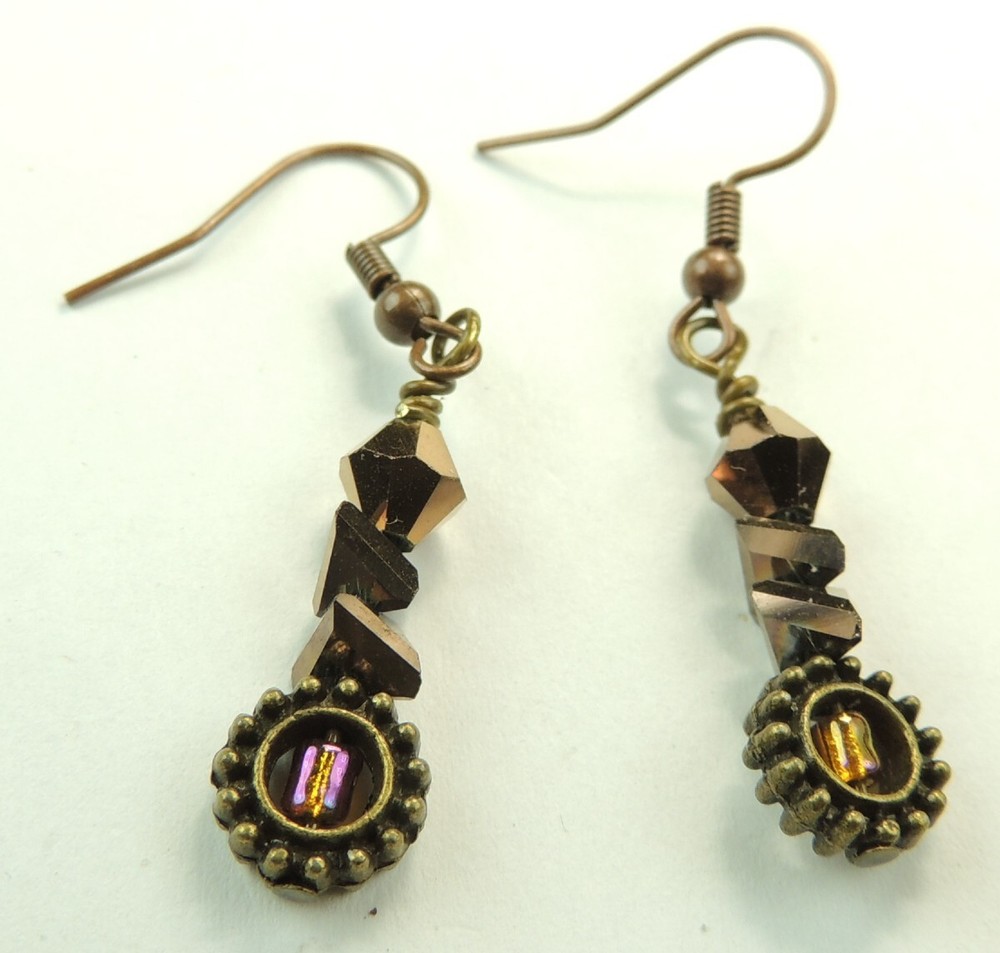 Bronze Boho Dangle Drop Crystal Earrings Handmade Jewelry