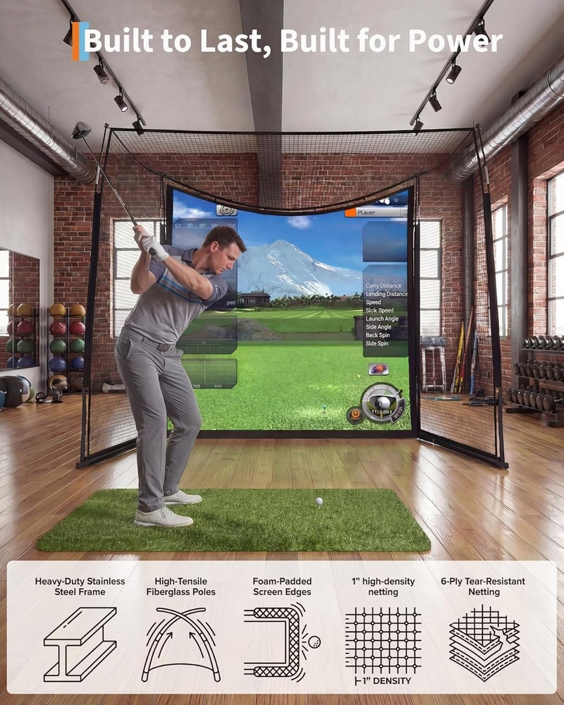 Golf Simulator Cage Net 10x8x5.7ft with Impact Screen, Enclosed Practice Net Set